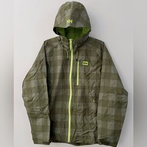 HELLY HANSEN || Men’s Unisex Green Plaid Hooded Rain Jacket. Sz. M